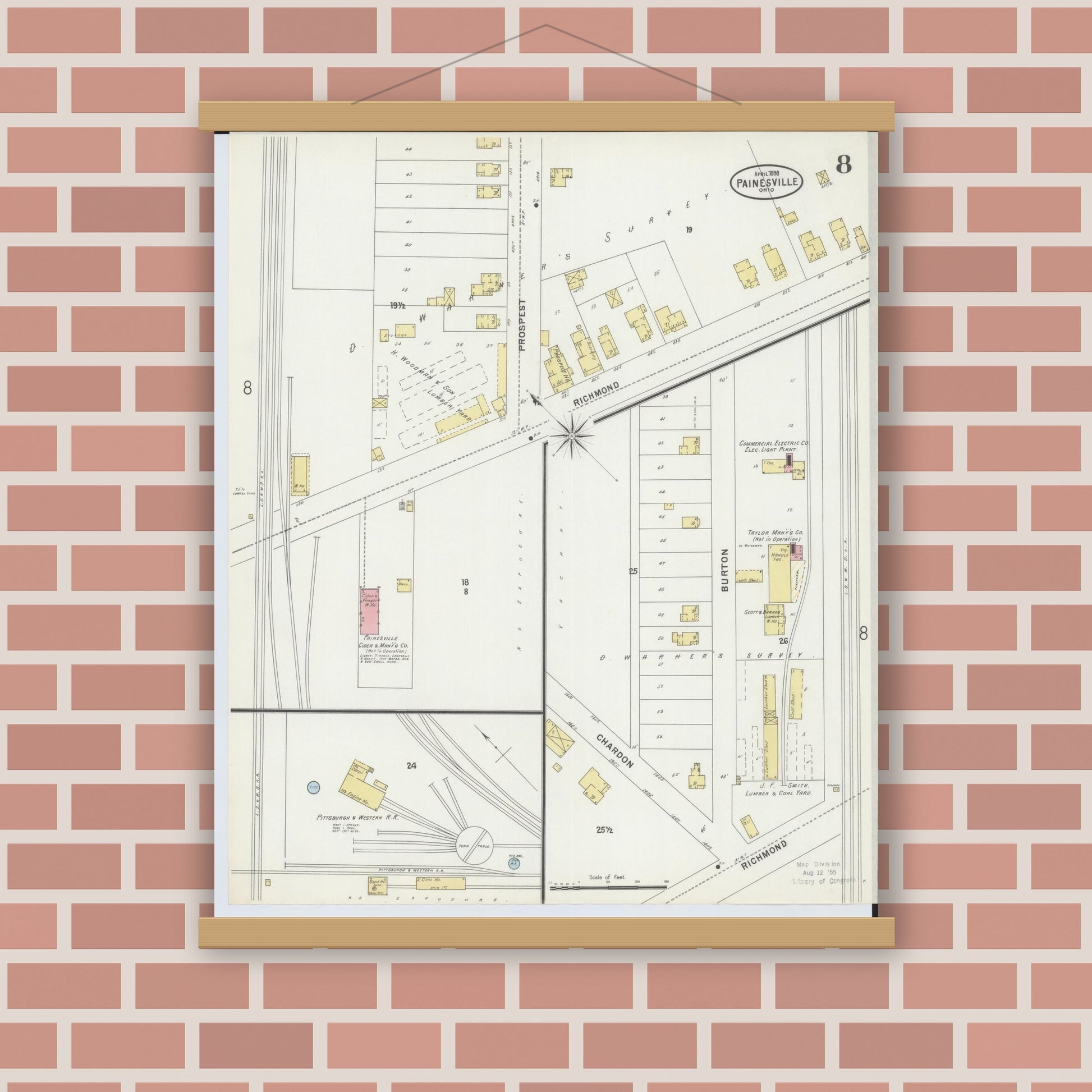 Old map wall art mockup — magnetic wood frame on brick wall — Sanborn Fire Insurance Map from Painesville, Lake County, Ohio (1898), Sheet #0008