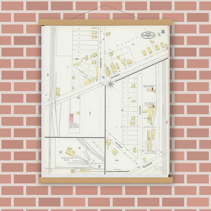 Old map wall art mockup — magnetic wood frame on brick wall — Sanborn Fire Insurance Map from Painesville, Lake County, Ohio (1898), Sheet #0008