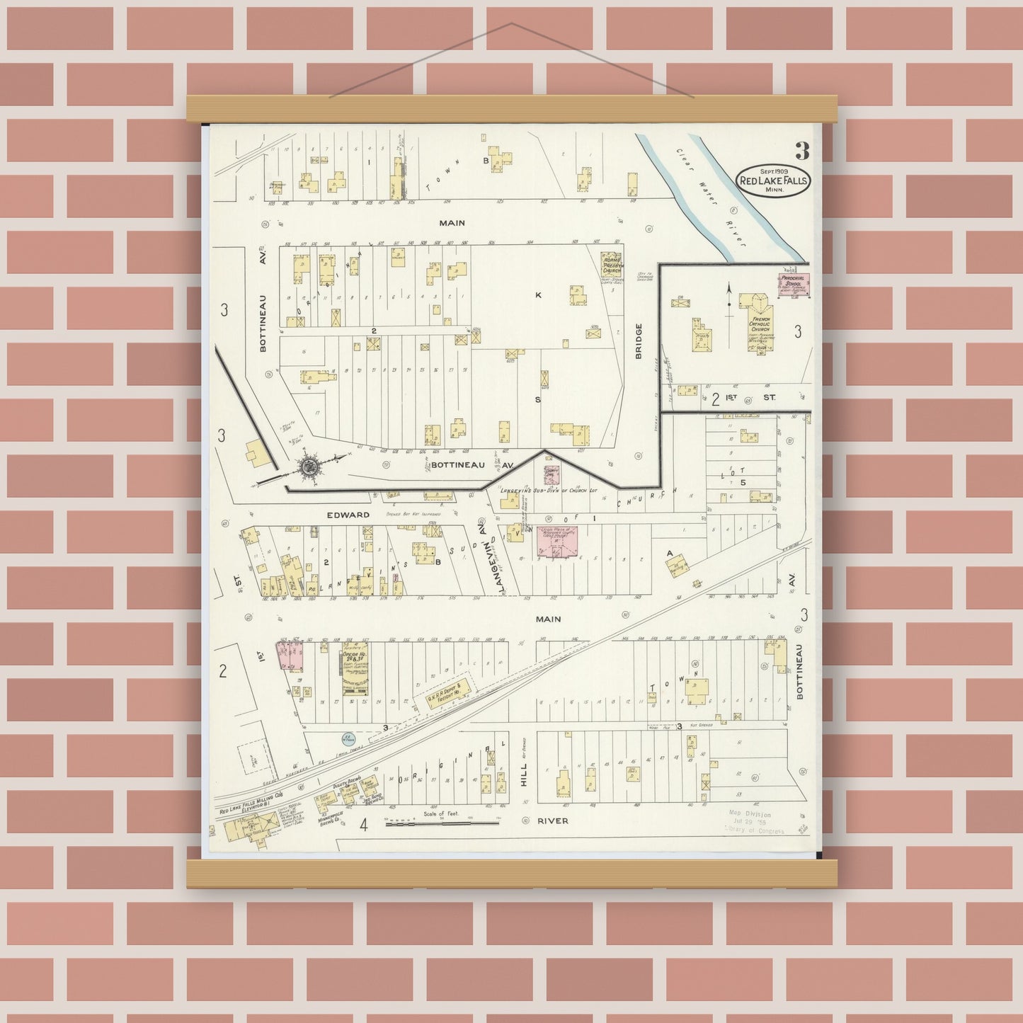 Old map wall art mockup — magnetic wood frame on brick wall — Sanborn Fire Insurance Map from Red Lake Falls, Red Lake County, Minnesota (1909), Sheet #0003