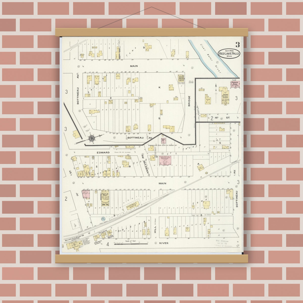 Old map wall art mockup — magnetic wood frame on brick wall — Sanborn Fire Insurance Map from Red Lake Falls, Red Lake County, Minnesota (1909), Sheet #0003