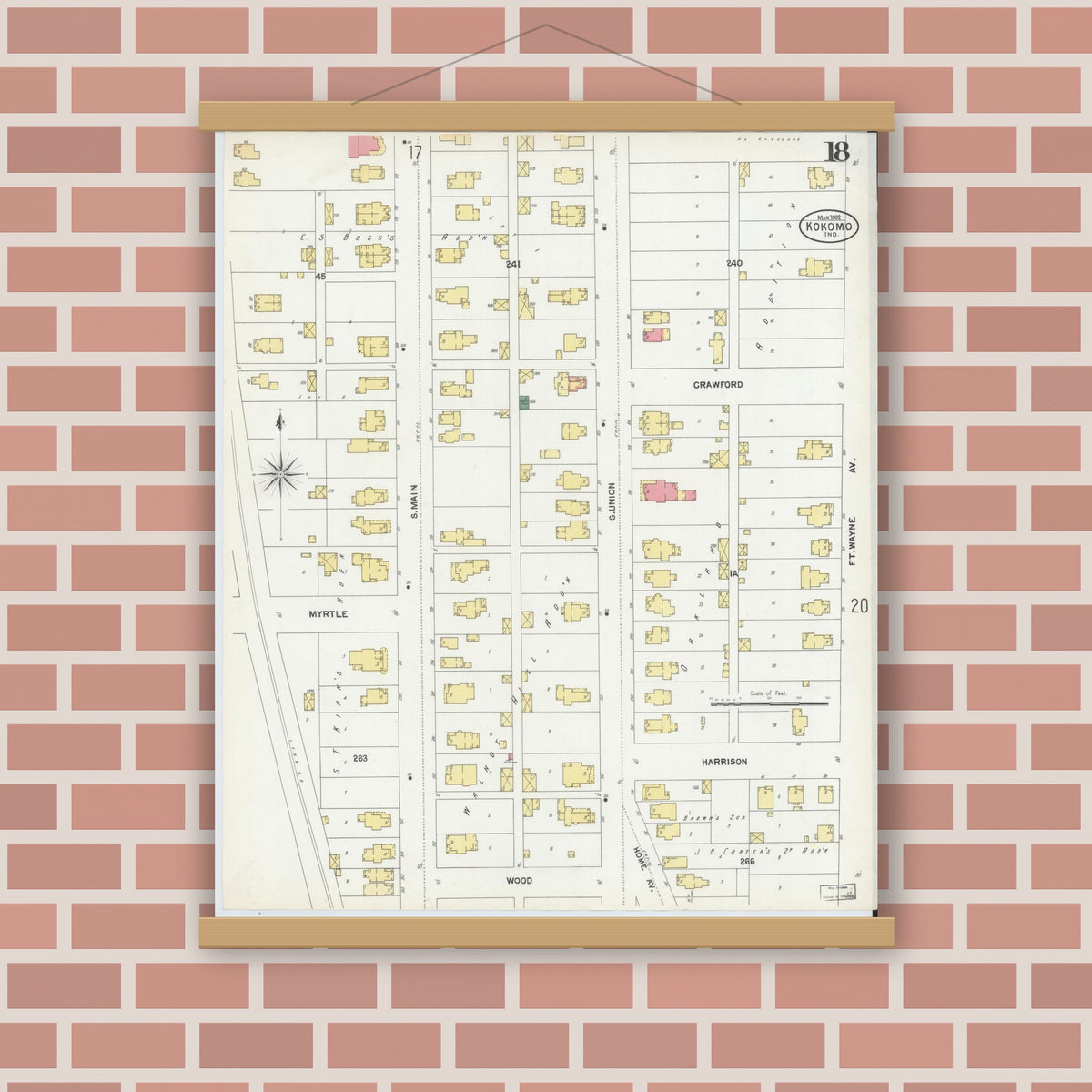 Old map wall art mockup — magnetic wood frame on brick wall — Sanborn Fire Insurance Map from Kokomo, Howard County, Indiana (1902), Sheet #0018