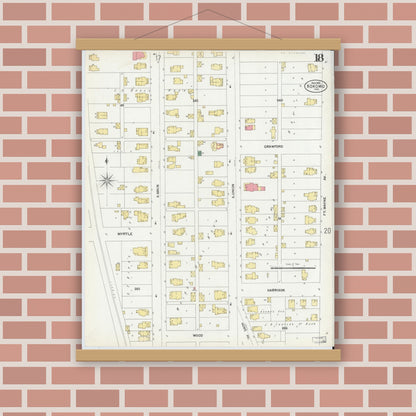 Old map wall art mockup — magnetic wood frame on brick wall — Sanborn Fire Insurance Map from Kokomo, Howard County, Indiana (1902), Sheet #0018