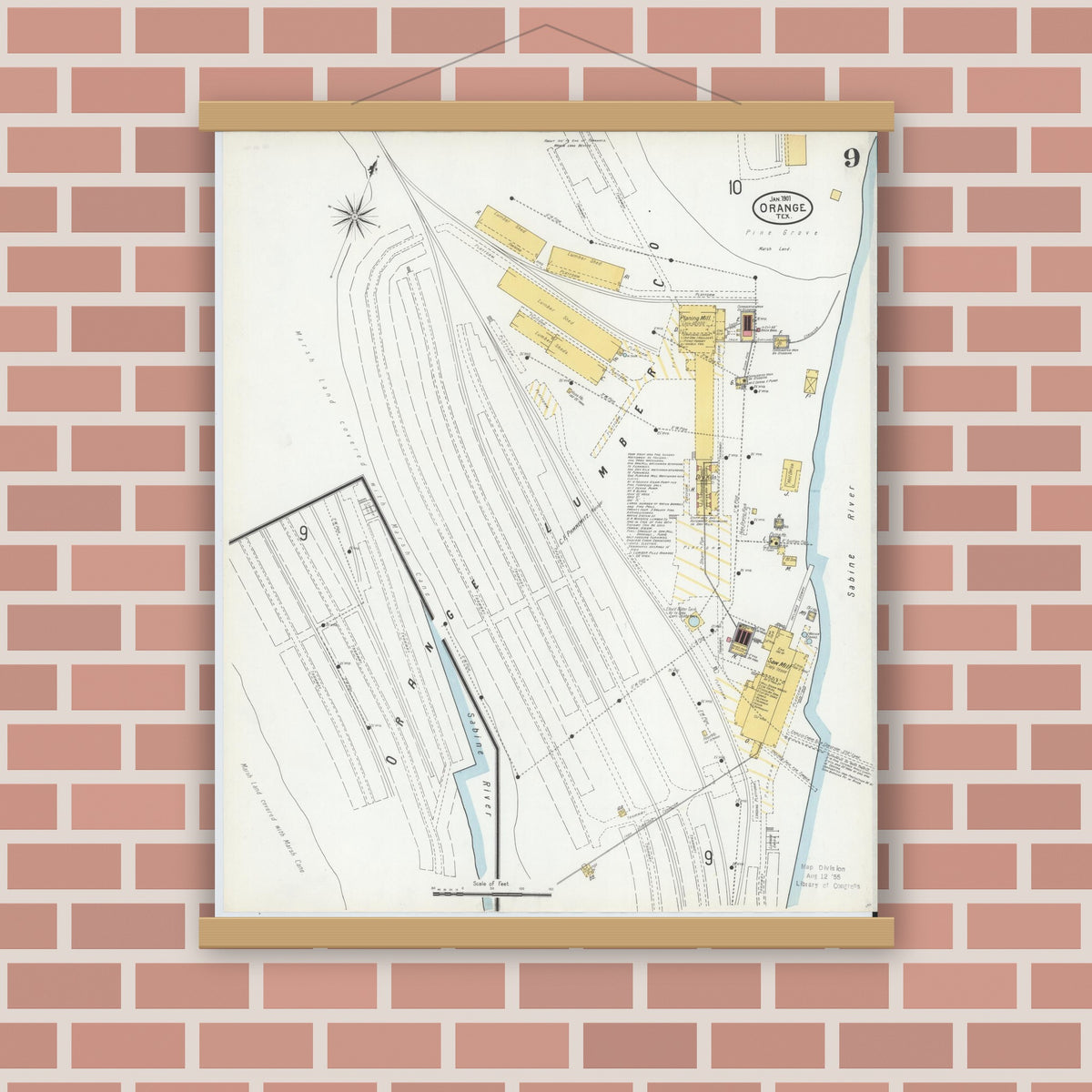 Old map wall art mockup — magnetic wood frame on brick wall — Sanborn Fire Insurance Map from Orange, Orange County, Texas (1901), Sheet #0009