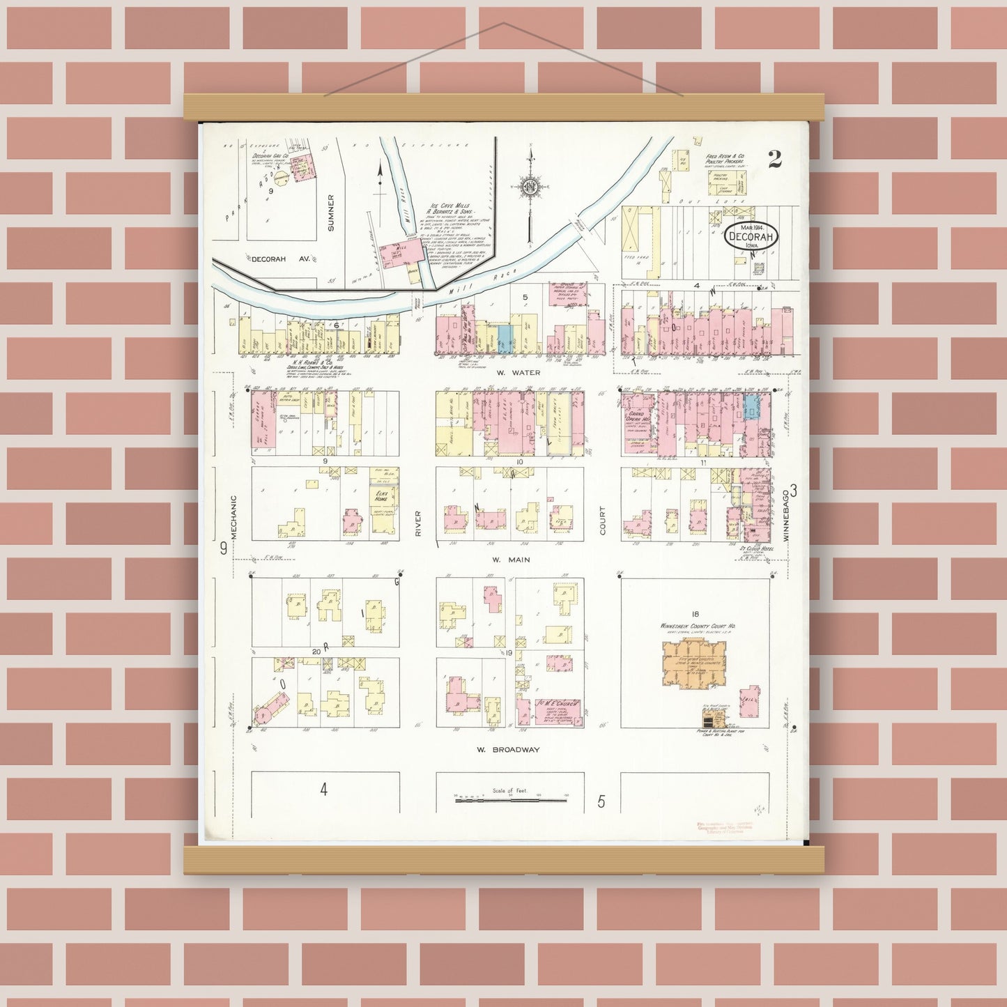 Old map wall art mockup — magnetic wood frame on brick wall — Sanborn Fire Insurance Map from Decorah, Winneshiek County, Iowa (1914), Sheet #0002