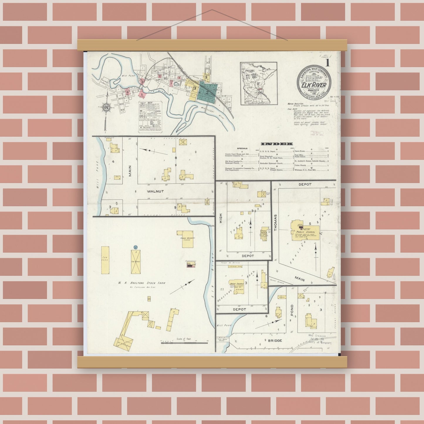 Old map wall art mockup — magnetic wood frame on brick wall — Sanborn Fire Insurance Map from Elk River, Sherburne County, Minnesota (1915) - Complete Map Set