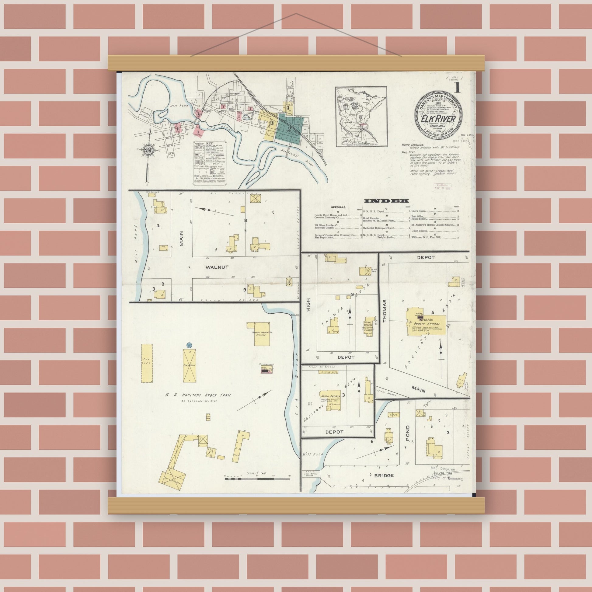 Old map wall art mockup — magnetic wood frame on brick wall — Sanborn Fire Insurance Map from Elk River, Sherburne County, Minnesota (1915) - Complete Map Set