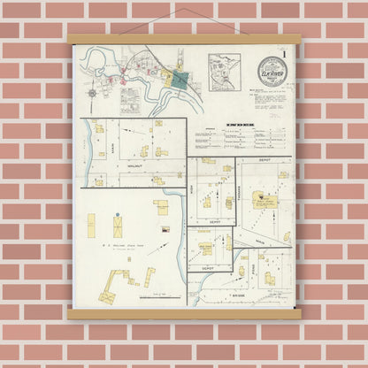 Old map wall art mockup — magnetic wood frame on brick wall — Sanborn Fire Insurance Map from Elk River, Sherburne County, Minnesota (1915) - Complete Map Set