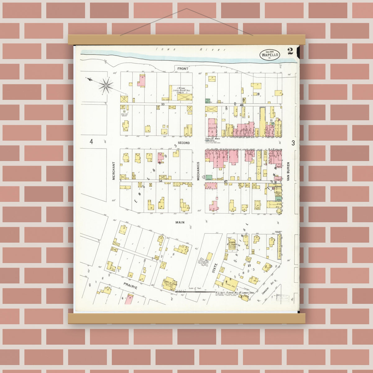 Old map wall art mockup — magnetic wood frame on brick wall — Sanborn Fire Insurance Map from Wapello, Louisa County, Iowa (1899), Sheet #0002