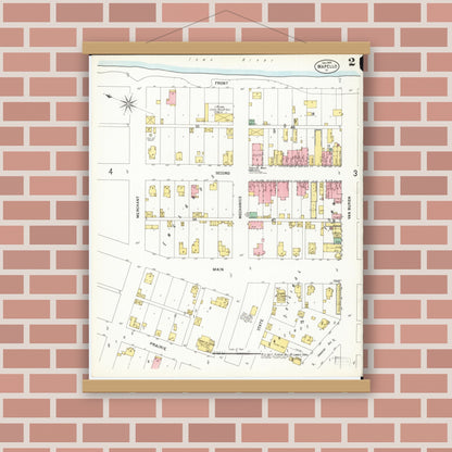 Old map wall art mockup — magnetic wood frame on brick wall — Sanborn Fire Insurance Map from Wapello, Louisa County, Iowa (1899), Sheet #0002