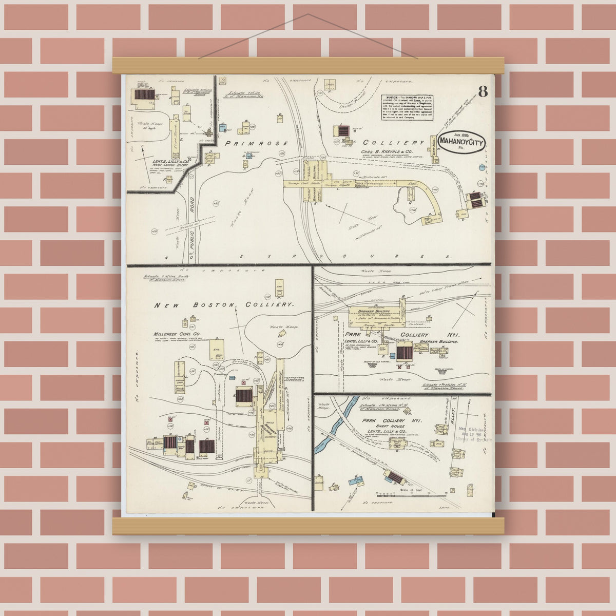 Old map wall art mockup — magnetic wood frame on brick wall — Sanborn Fire Insurance Map from Mahanoy City, Schuylkill County, Pennsylvania (1885), Sheet #0008