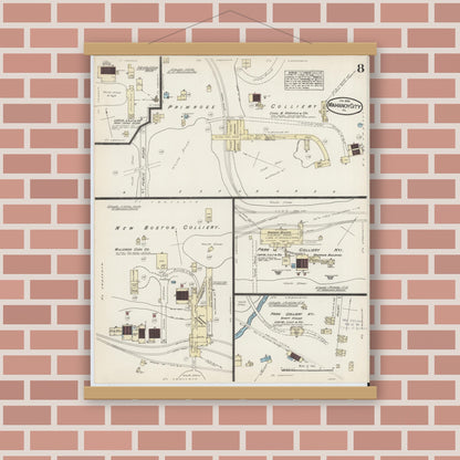 Old map wall art mockup — magnetic wood frame on brick wall — Sanborn Fire Insurance Map from Mahanoy City, Schuylkill County, Pennsylvania (1885), Sheet #0008