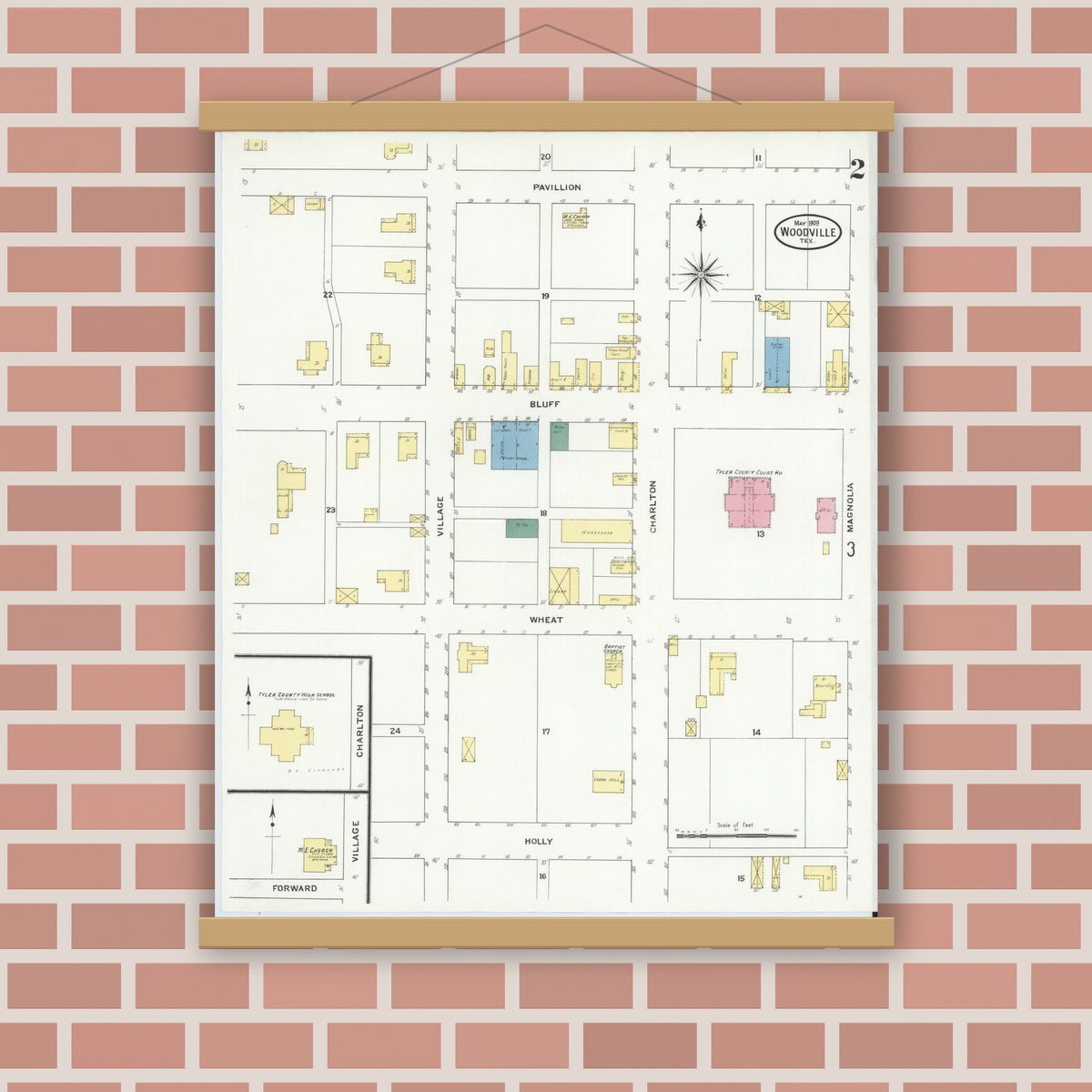 Old map wall art mockup — magnetic wood frame on brick wall — Sanborn Fire Insurance Map from Wolfe City, Hunt County, Texas (1909), Sheet #0002