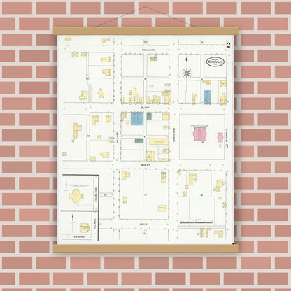 Old map wall art mockup — magnetic wood frame on brick wall — Sanborn Fire Insurance Map from Wolfe City, Hunt County, Texas (1909), Sheet #0002