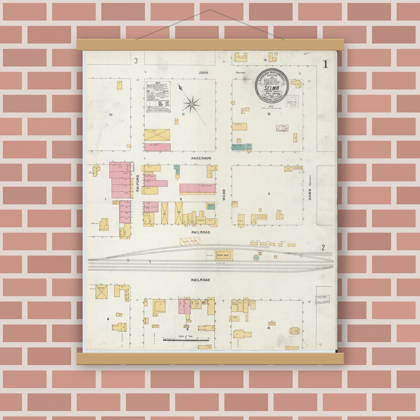 Old map wall art mockup — magnetic wood frame on brick wall — Sanborn Fire Insurance Map from Selma, Johnston County, North Carolina (1905) - Complete Map Set