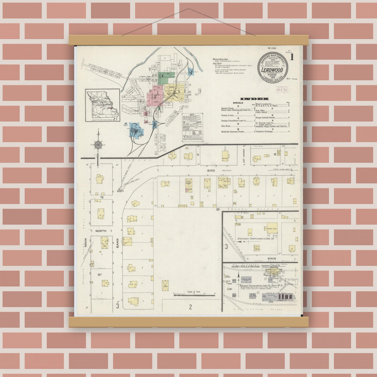 Old map wall art mockup — magnetic wood frame on brick wall — Sanborn Fire Insurance Map from Leadwood, Saint Francois County, Missouri (1914), Sheet #0001