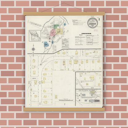 Old map wall art mockup — magnetic wood frame on brick wall — Sanborn Fire Insurance Map from Leadwood, Saint Francois County, Missouri (1914), Sheet #0001