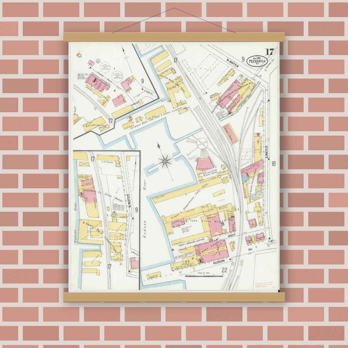 Old map wall art mockup — magnetic wood frame on brick wall — Sanborn Fire Insurance Map from Peekskill, Westchester County, New York (1900), Sheet #0017