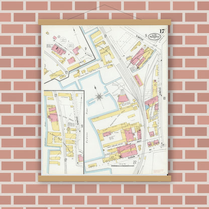 Old map wall art mockup — magnetic wood frame on brick wall — Sanborn Fire Insurance Map from Peekskill, Westchester County, New York (1900), Sheet #0017