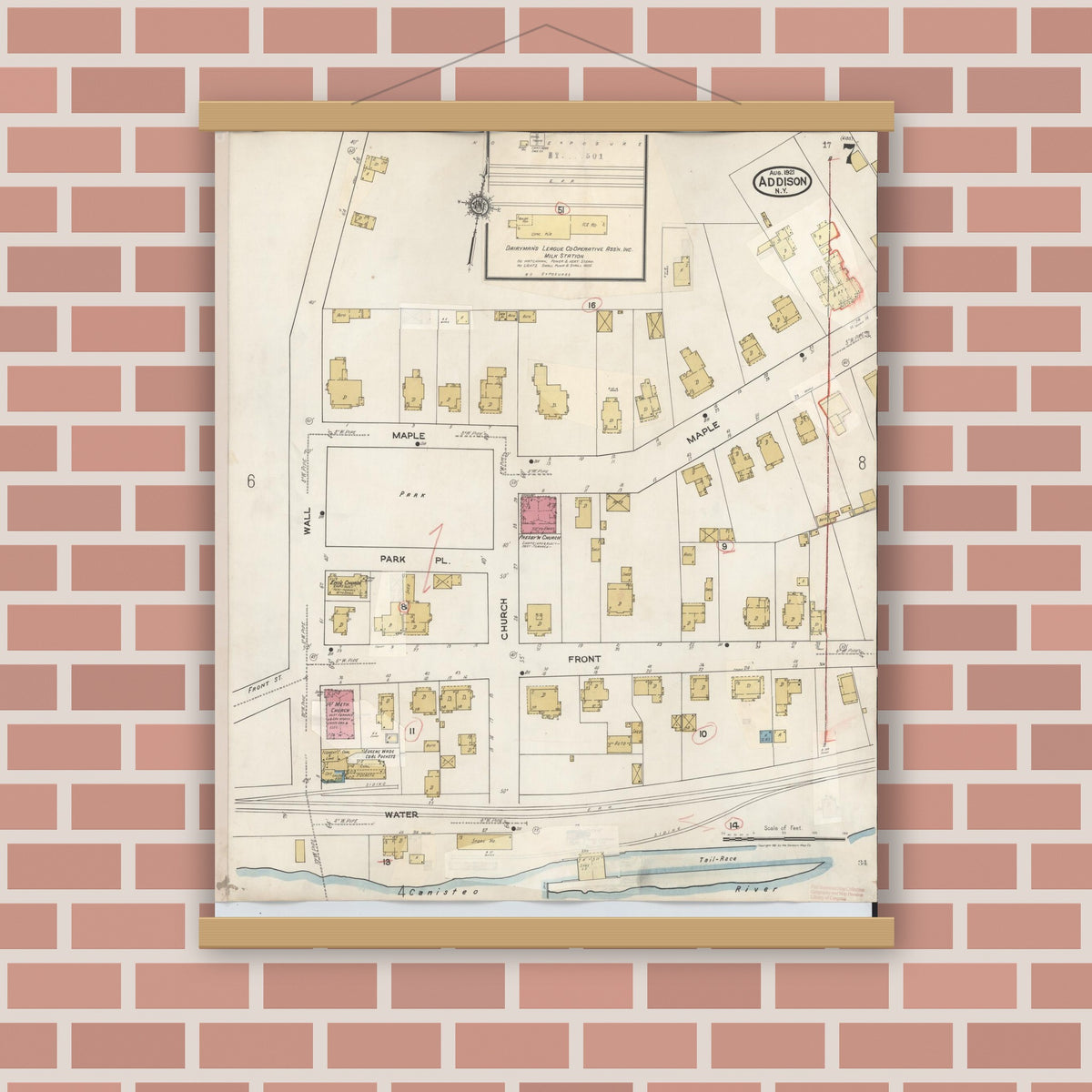 Old map wall art mockup — magnetic wood frame on brick wall — Sanborn Fire Insurance Map from Addison, Steuben County, New York (1945), Sheet #0007