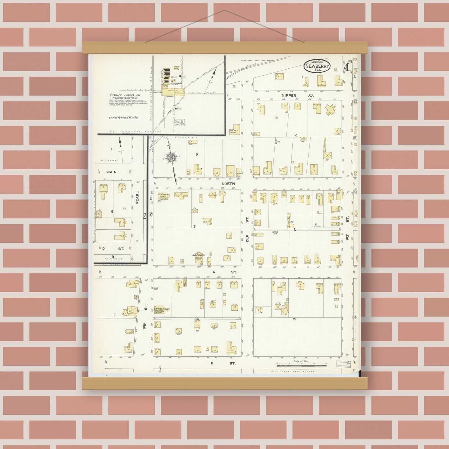 Old map wall art mockup — magnetic wood frame on brick wall — Sanborn Fire Insurance Map from Newberry, Alachua County, Florida (1913), Sheet #0004