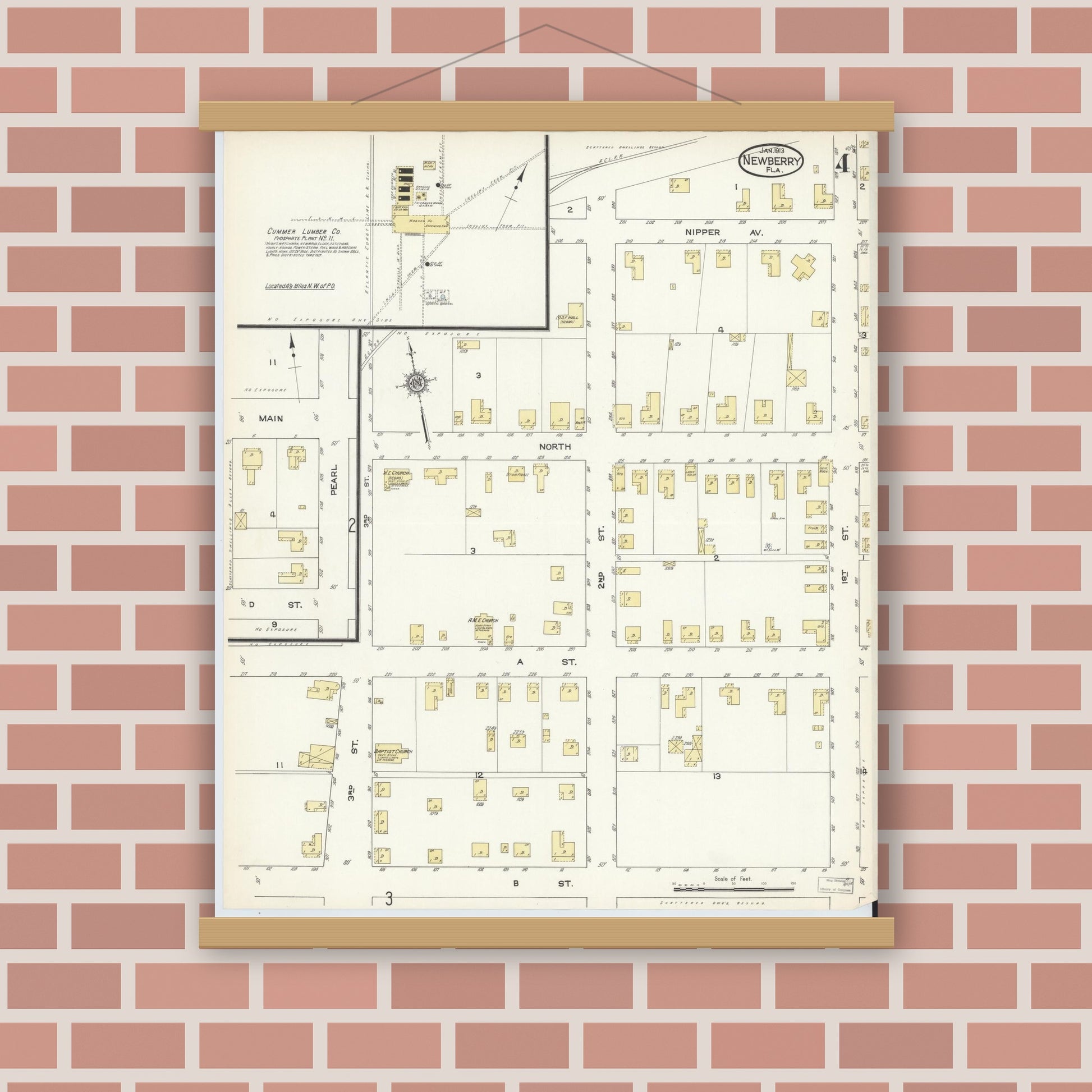 Old map wall art mockup — magnetic wood frame on brick wall — Sanborn Fire Insurance Map from Newberry, Alachua County, Florida (1913), Sheet #0004