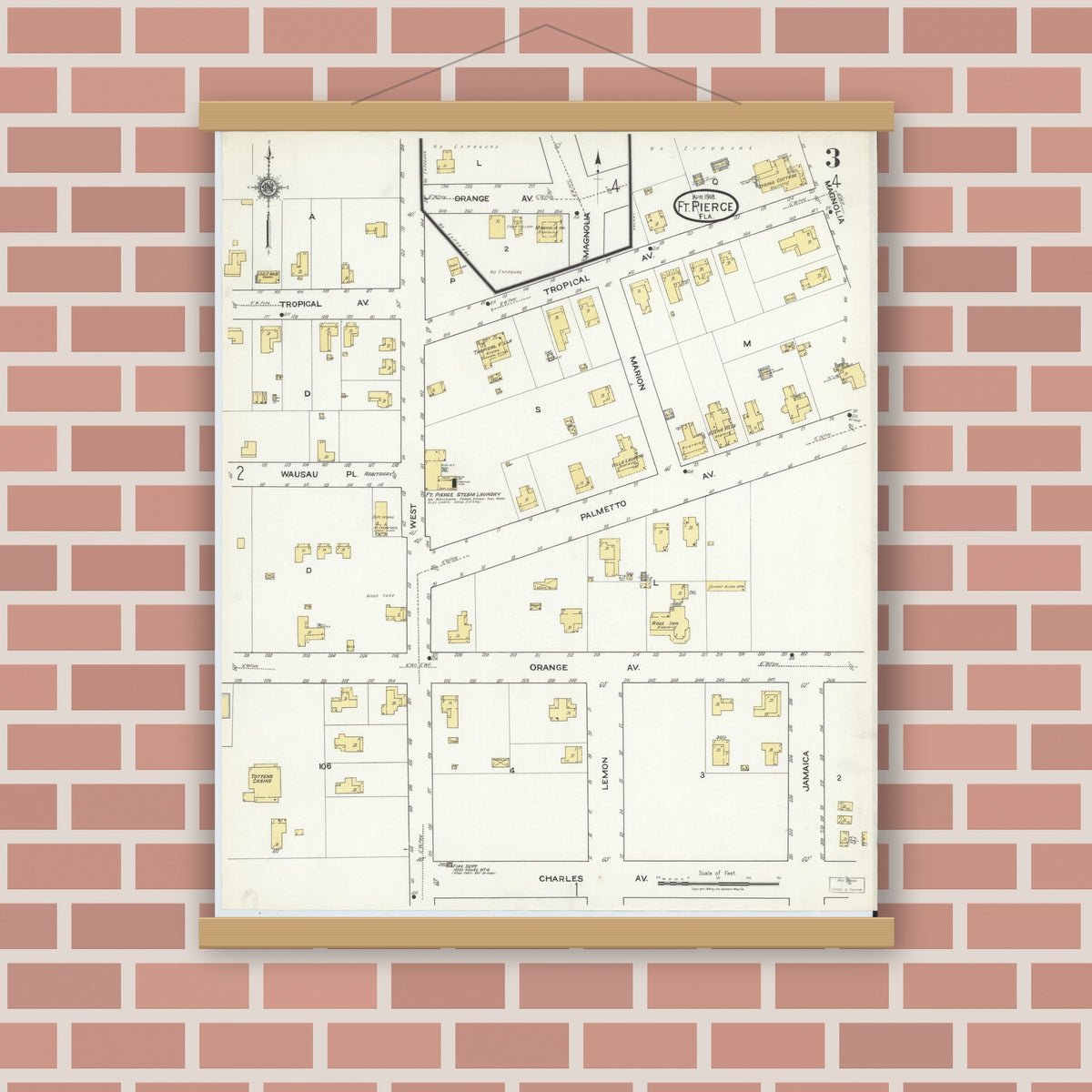 Old map wall art mockup — magnetic wood frame on brick wall — Sanborn Fire Insurance Map from Fort Pierce, St Lucie County, Florida (1918), Sheet #0003