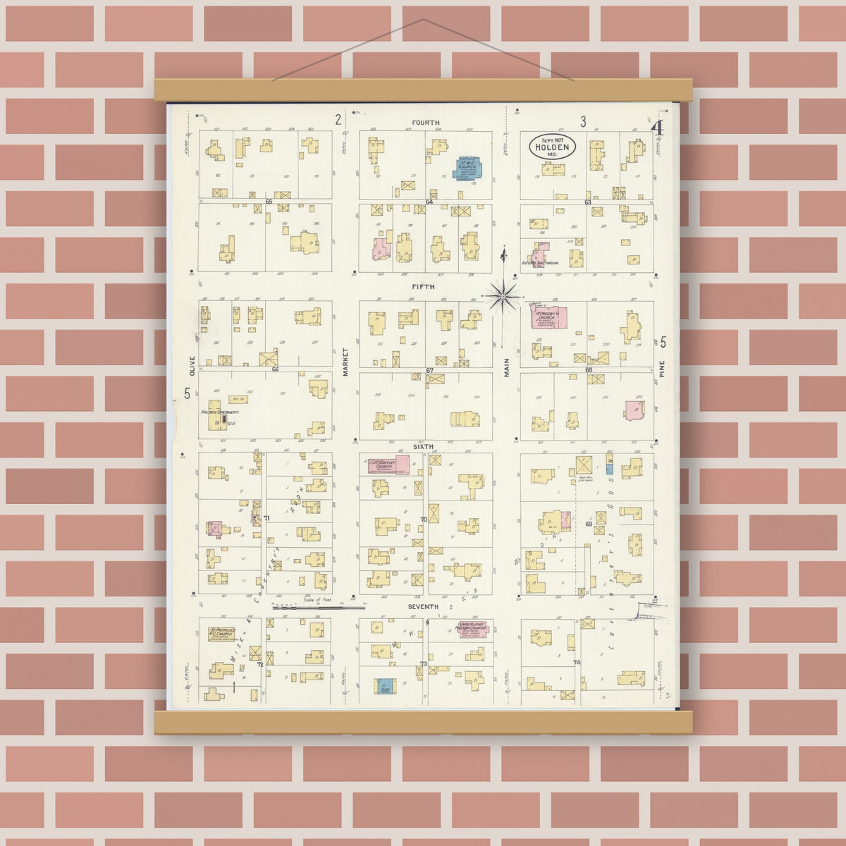 Old map wall art mockup — magnetic wood frame on brick wall — Sanborn Fire Insurance Map from Holden, Johnson County, Missouri (1907), Sheet #0004