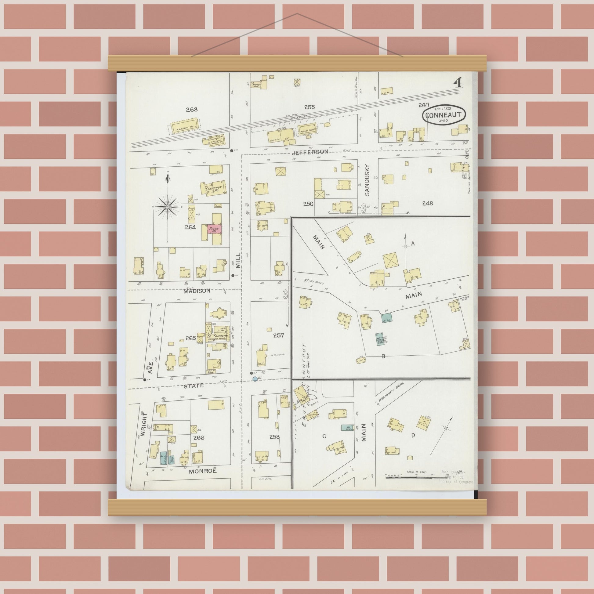 Old map wall art mockup — magnetic wood frame on brick wall — Sanborn Fire Insurance Map from Conneaut, Ashtabula County, Ohio (1893), Sheet #0004