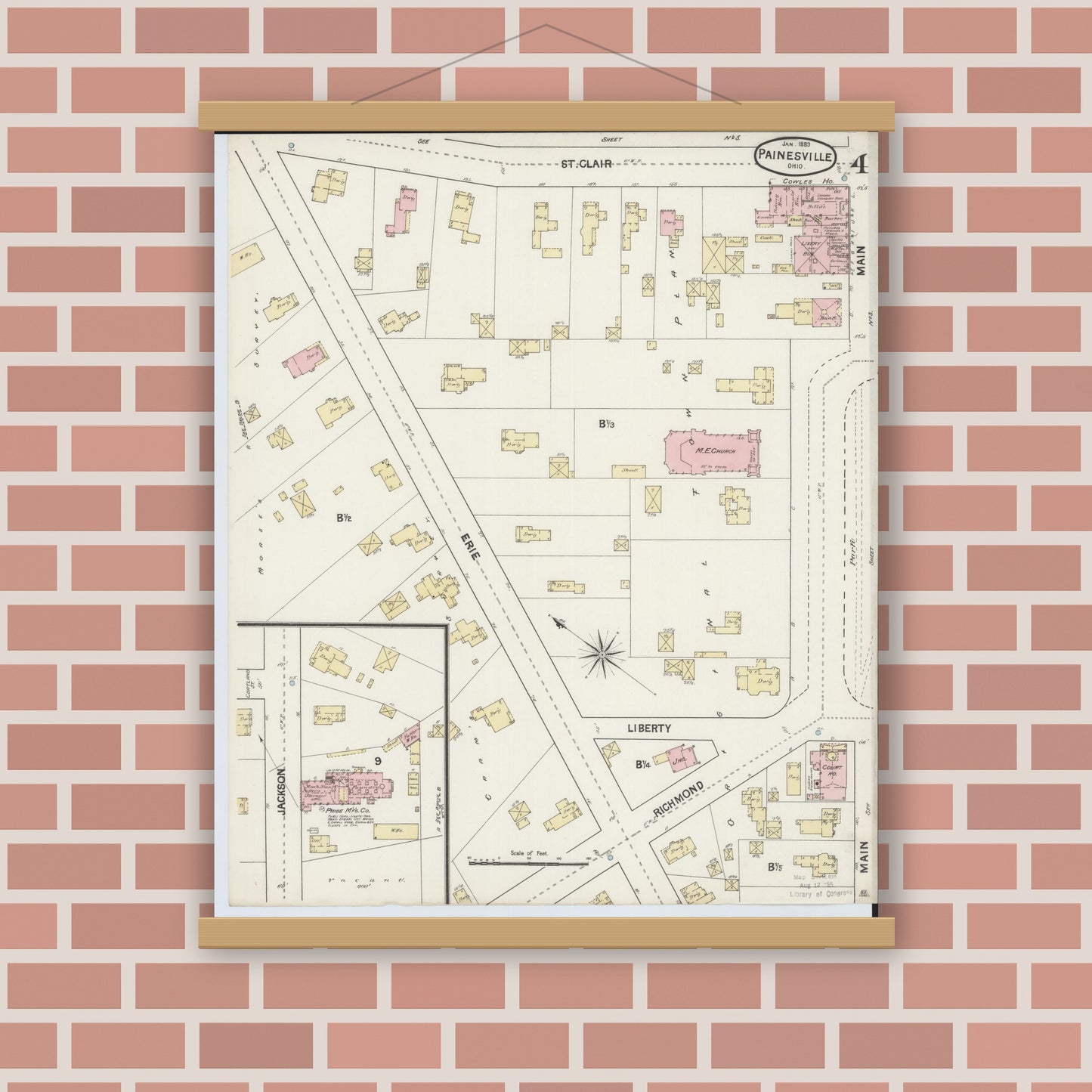 Old map wall art mockup — magnetic wood frame on brick wall — Sanborn Fire Insurance Map from Painesville, Lake County, Ohio (1889), Sheet #0004