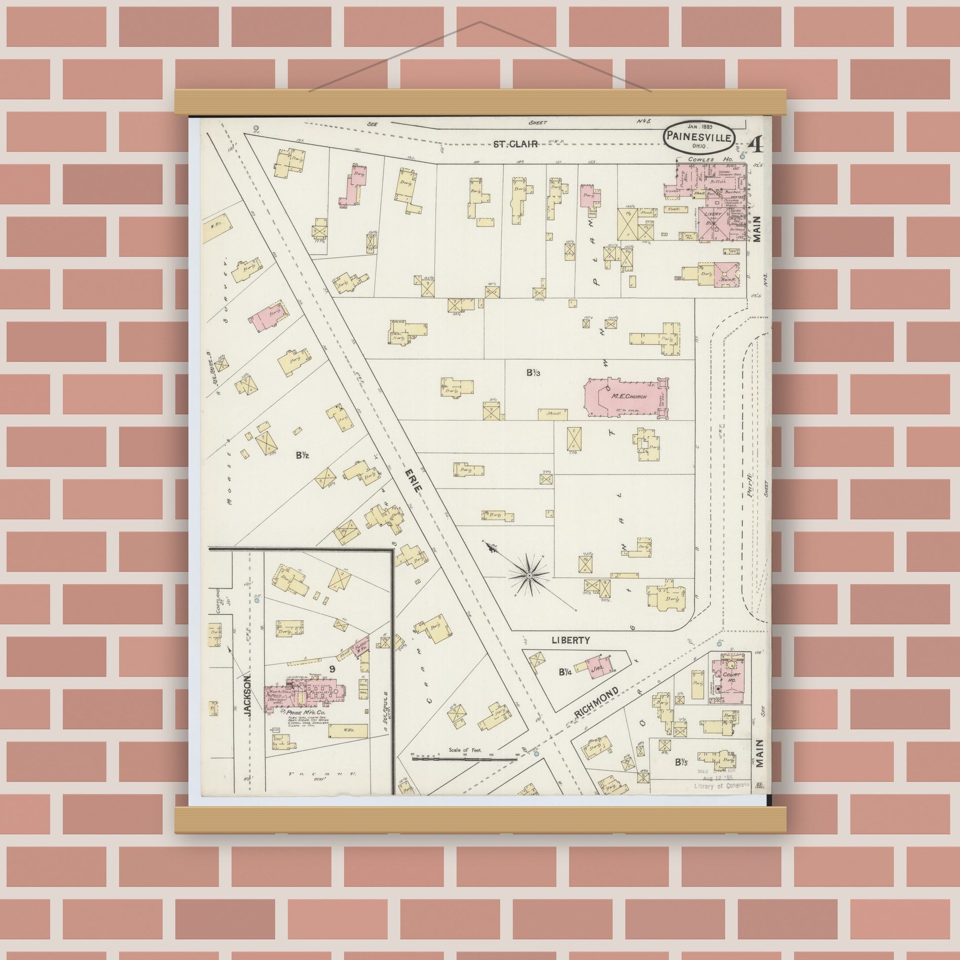 Old map wall art mockup — magnetic wood frame on brick wall — Sanborn Fire Insurance Map from Painesville, Lake County, Ohio (1889), Sheet #0004