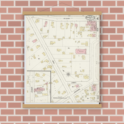 Old map wall art mockup — magnetic wood frame on brick wall — Sanborn Fire Insurance Map from Painesville, Lake County, Ohio (1889), Sheet #0004