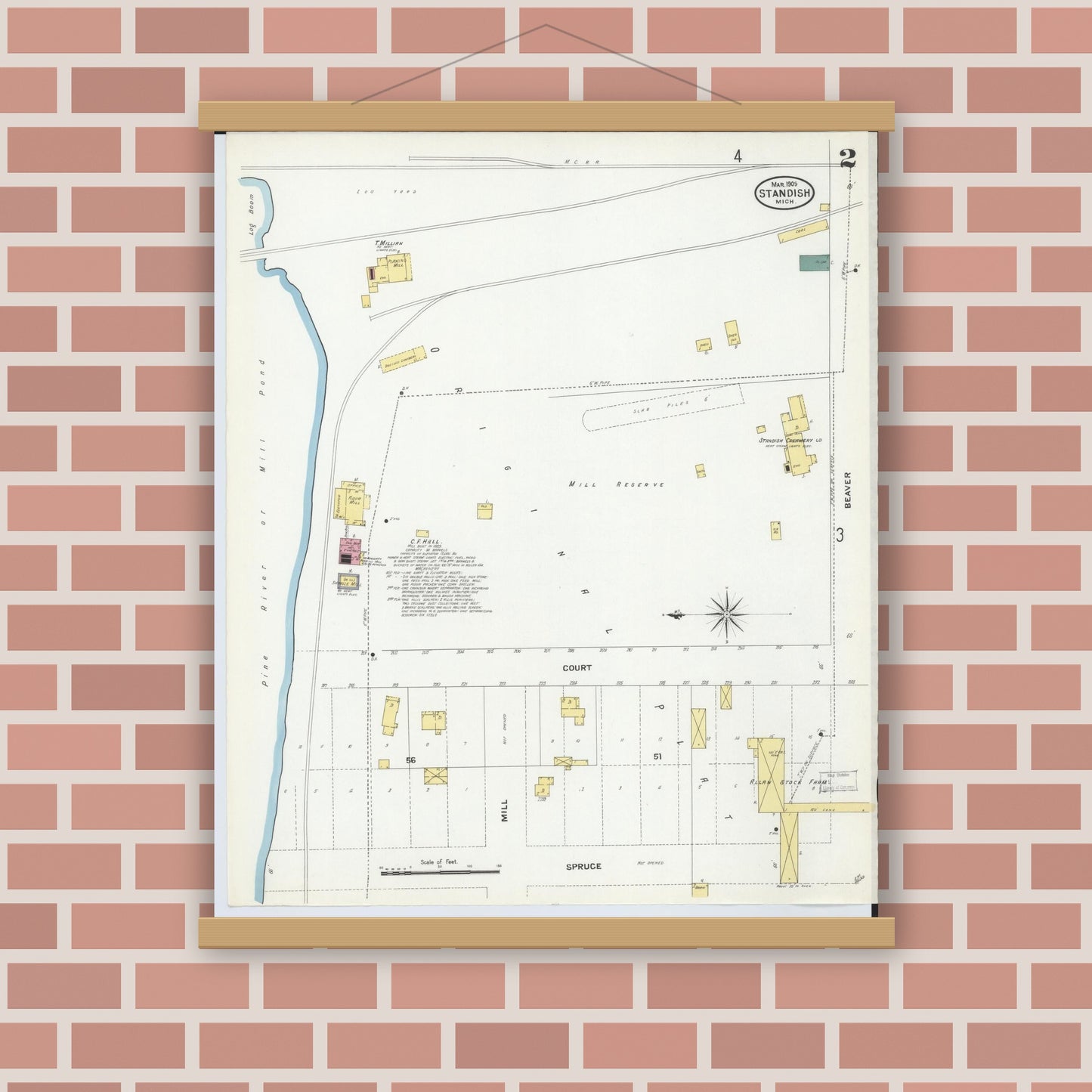 Old map wall art mockup — magnetic wood frame on brick wall — Sanborn Fire Insurance Map from Standish, Arenac County, Michigan (1909), Sheet #0002