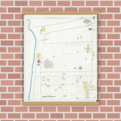 Old map wall art mockup — magnetic wood frame on brick wall — Sanborn Fire Insurance Map from Standish, Arenac County, Michigan (1909), Sheet #0002