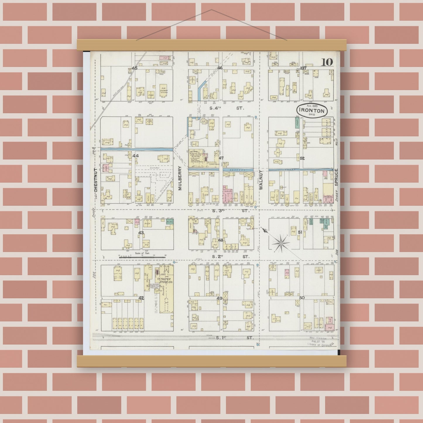Old map wall art mockup — magnetic wood frame on brick wall — Sanborn Fire Insurance Map from Ironton, Lawrence County, Ohio (1889), Sheet #0010