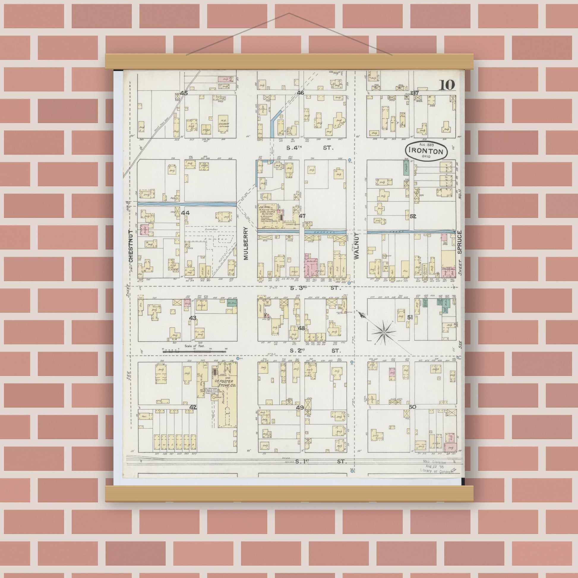 Old map wall art mockup — magnetic wood frame on brick wall — Sanborn Fire Insurance Map from Ironton, Lawrence County, Ohio (1889), Sheet #0010