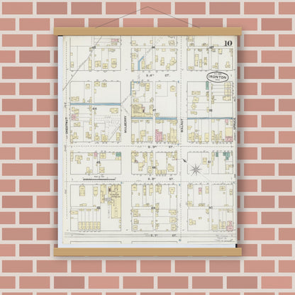 Old map wall art mockup — magnetic wood frame on brick wall — Sanborn Fire Insurance Map from Ironton, Lawrence County, Ohio (1889), Sheet #0010