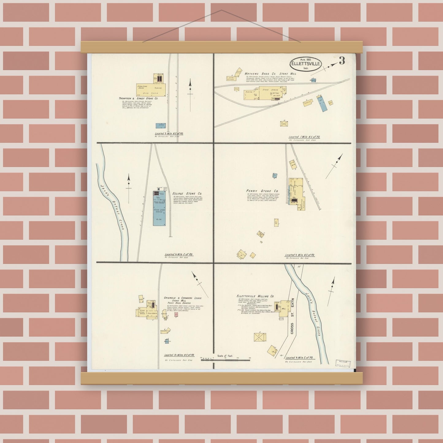 Old map wall art mockup — magnetic wood frame on brick wall — Sanborn Fire Insurance Map from Ellettsville, Monroe County, Indiana (1910), Sheet #0003