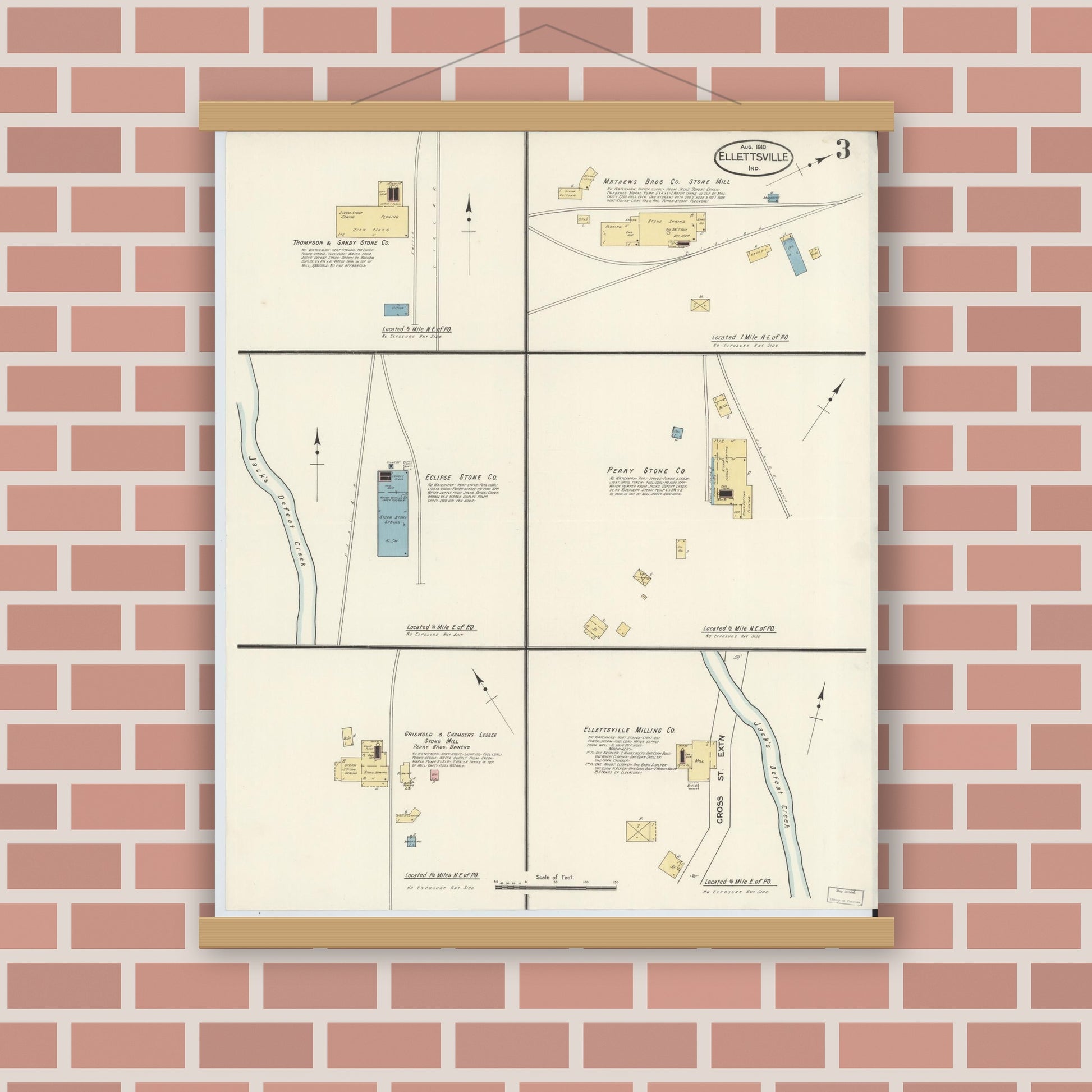 Old map wall art mockup — magnetic wood frame on brick wall — Sanborn Fire Insurance Map from Ellettsville, Monroe County, Indiana (1910), Sheet #0003