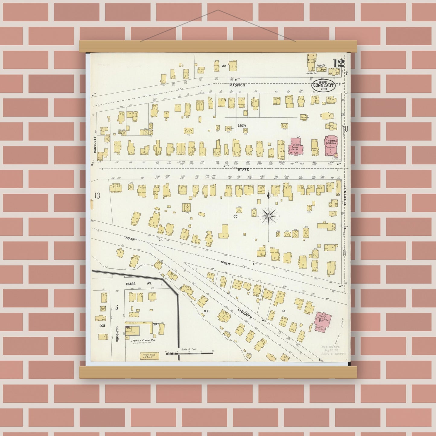 Old map wall art mockup — magnetic wood frame on brick wall — Sanborn Fire Insurance Map from Conneaut, Ashtabula County, Ohio (1902), Sheet #0012