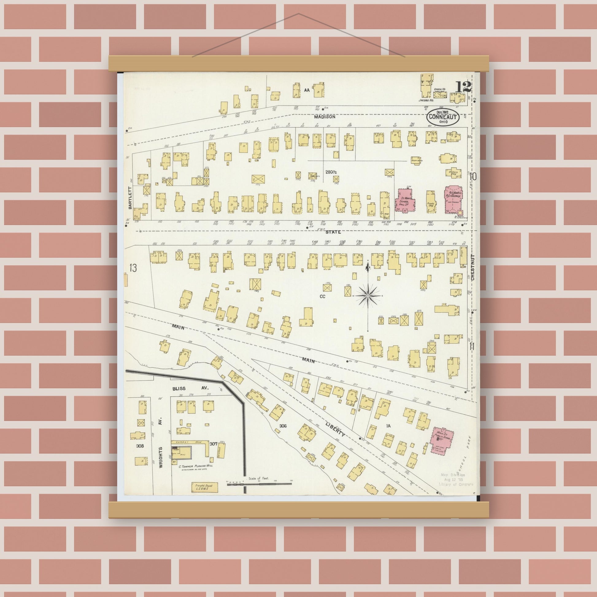 Old map wall art mockup — magnetic wood frame on brick wall — Sanborn Fire Insurance Map from Conneaut, Ashtabula County, Ohio (1902), Sheet #0012