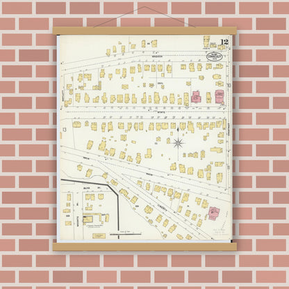 Old map wall art mockup — magnetic wood frame on brick wall — Sanborn Fire Insurance Map from Conneaut, Ashtabula County, Ohio (1902), Sheet #0012
