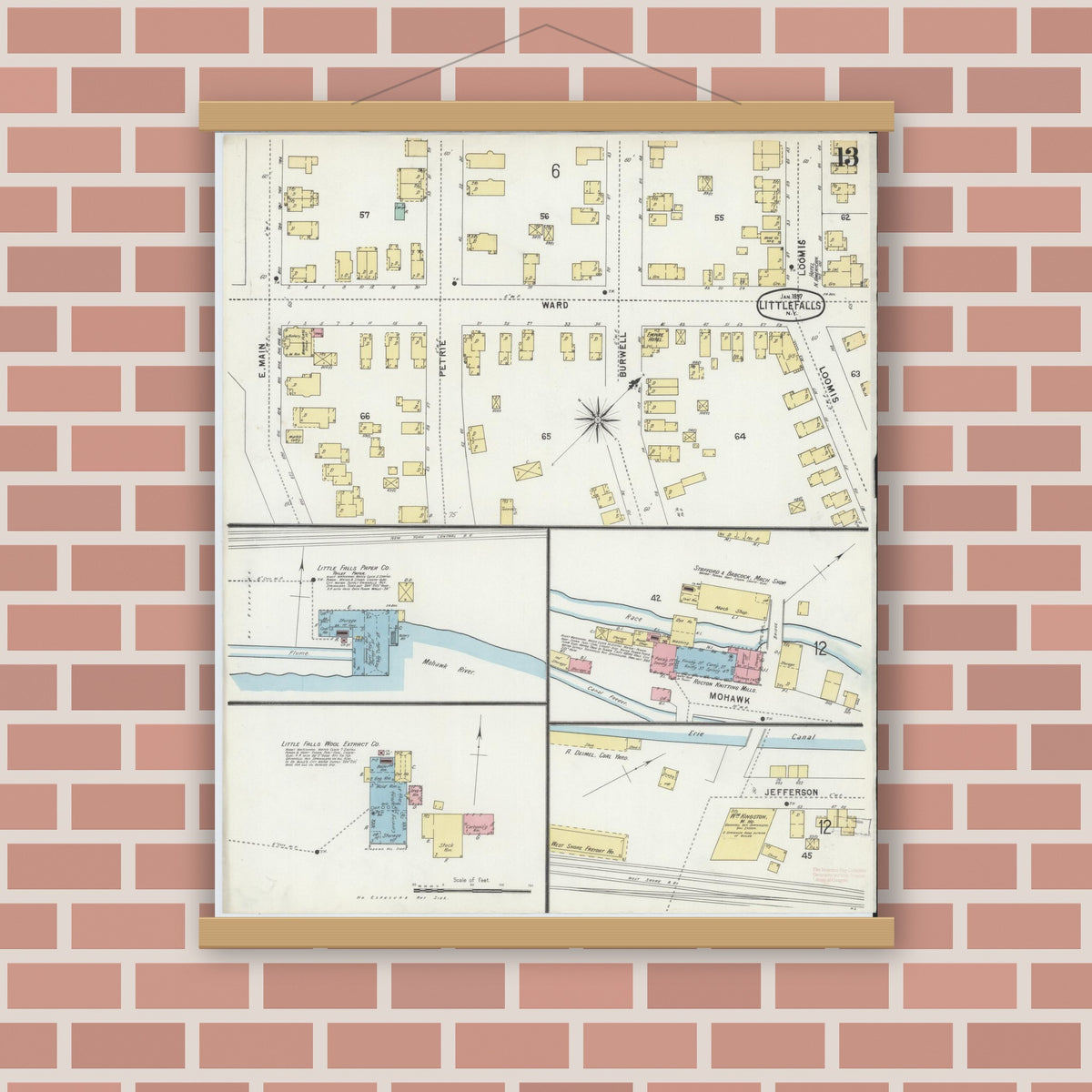 Old map wall art mockup — magnetic wood frame on brick wall — Sanborn Fire Insurance Map from Little Falls, Herkimer County, New York (1897), Sheet #0013