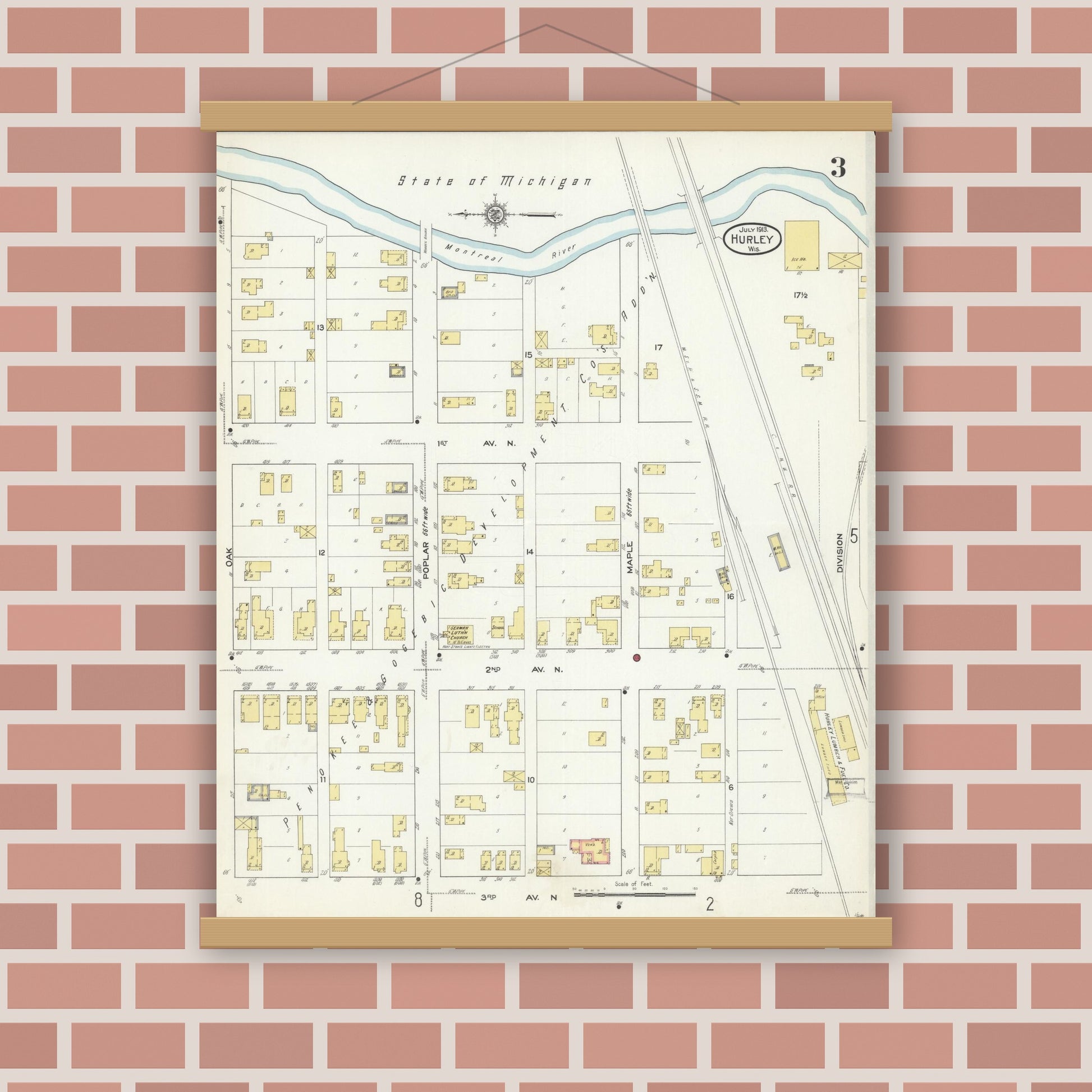 Old map wall art mockup — magnetic wood frame on brick wall — Sanborn Fire Insurance Map from Hurley, Iron County, Wisconsin (1913), Sheet #0003