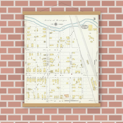 Old map wall art mockup — magnetic wood frame on brick wall — Sanborn Fire Insurance Map from Hurley, Iron County, Wisconsin (1913), Sheet #0003
