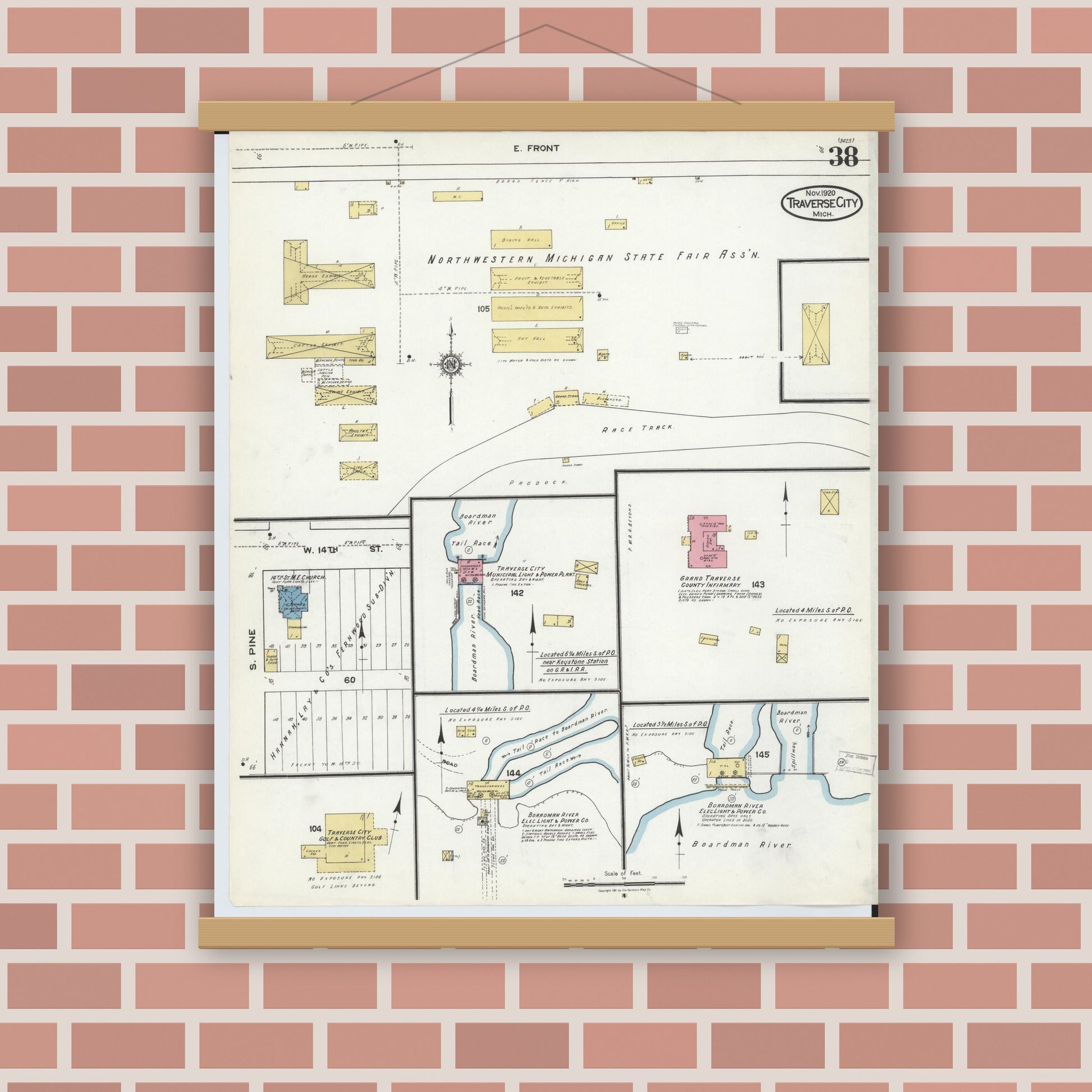 Old map wall art mockup — magnetic wood frame on brick wall — Sanborn Fire Insurance Map from Traverse City, Grand Traverse County, Michigan (1920), Sheet #0038