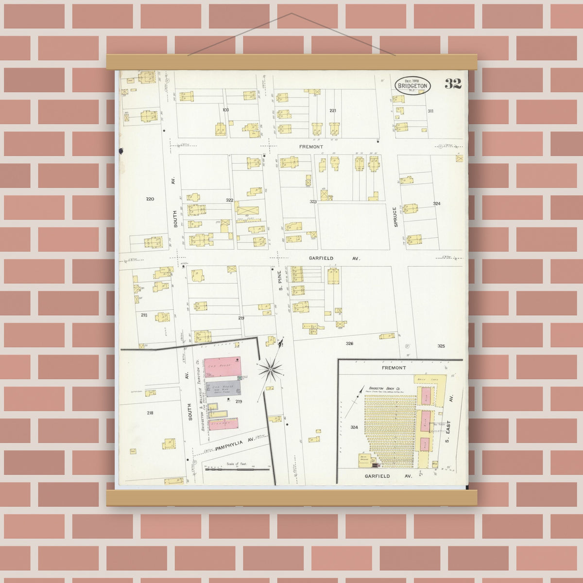 Old map wall art mockup — magnetic wood frame on brick wall — Sanborn Fire Insurance Map from Bridgeton, Cumberland County, New Jersey (1908), Sheet #0032
