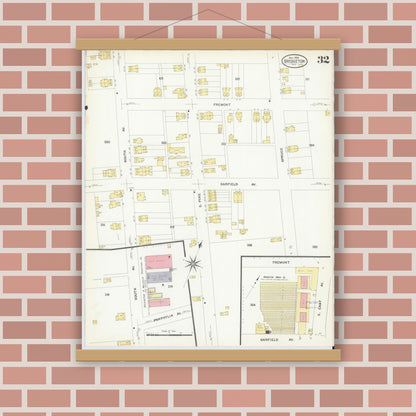 Old map wall art mockup — magnetic wood frame on brick wall — Sanborn Fire Insurance Map from Bridgeton, Cumberland County, New Jersey (1908), Sheet #0032