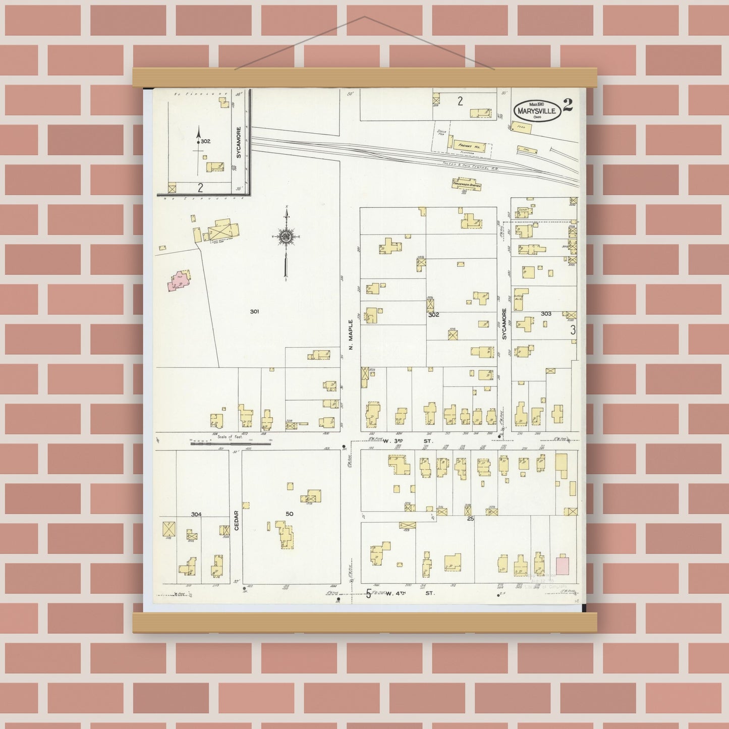 Old map wall art mockup — magnetic wood frame on brick wall — Sanborn Fire Insurance Map from Marysville, Union County, Ohio (1910), Sheet #0002