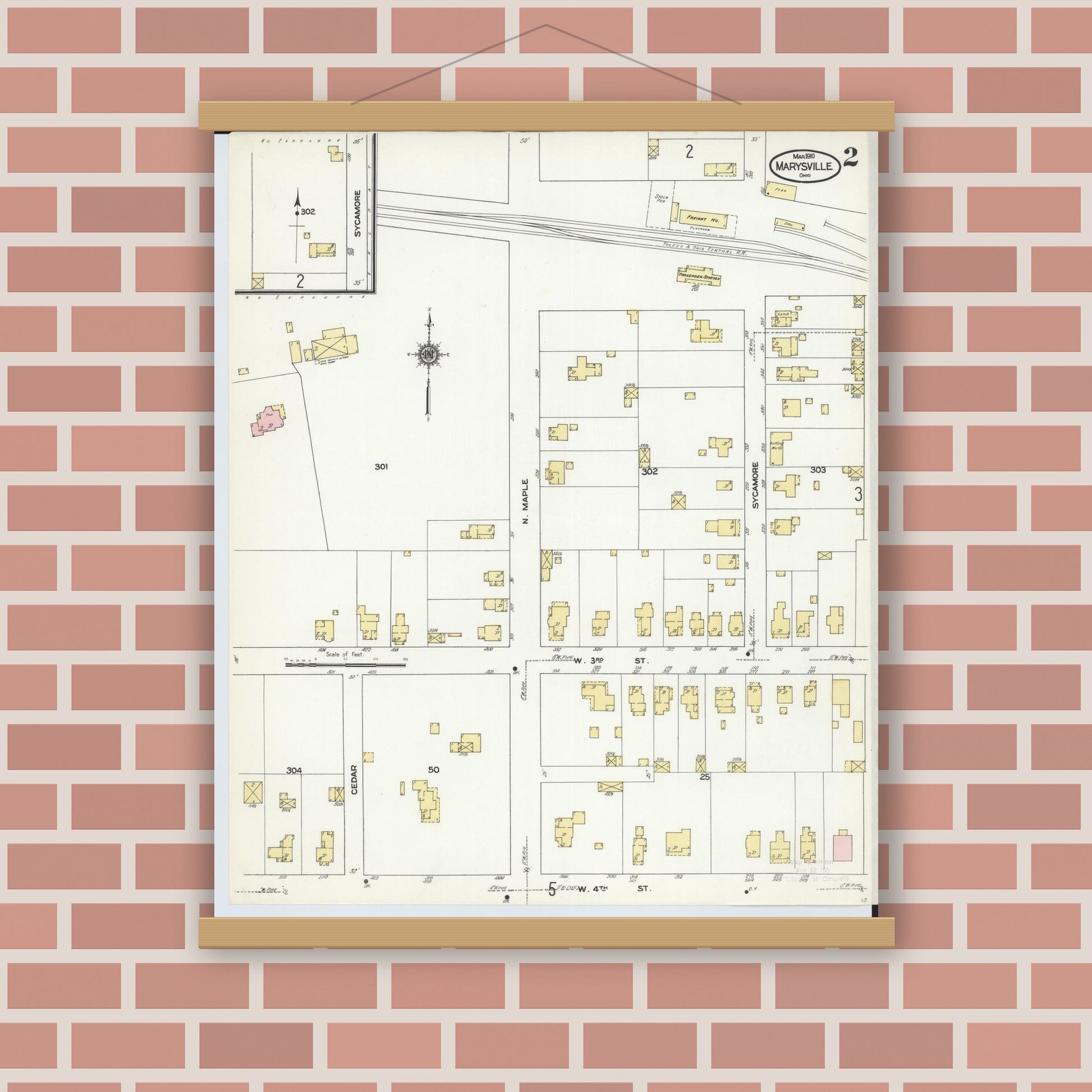 Old map wall art mockup — magnetic wood frame on brick wall — Sanborn Fire Insurance Map from Marysville, Union County, Ohio (1910), Sheet #0002