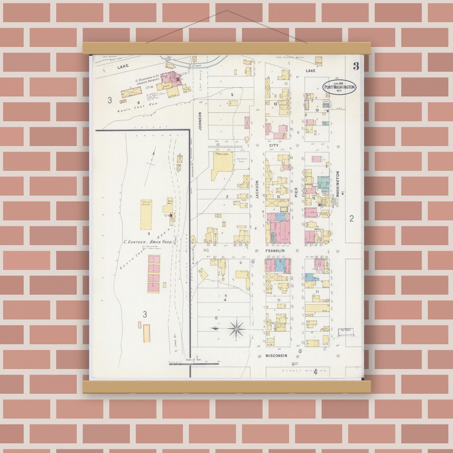 Old map wall art mockup — magnetic wood frame on brick wall — Sanborn Fire Insurance Map from Port Washington, Ozaukee County, Wisconsin (1898), Sheet #0003
